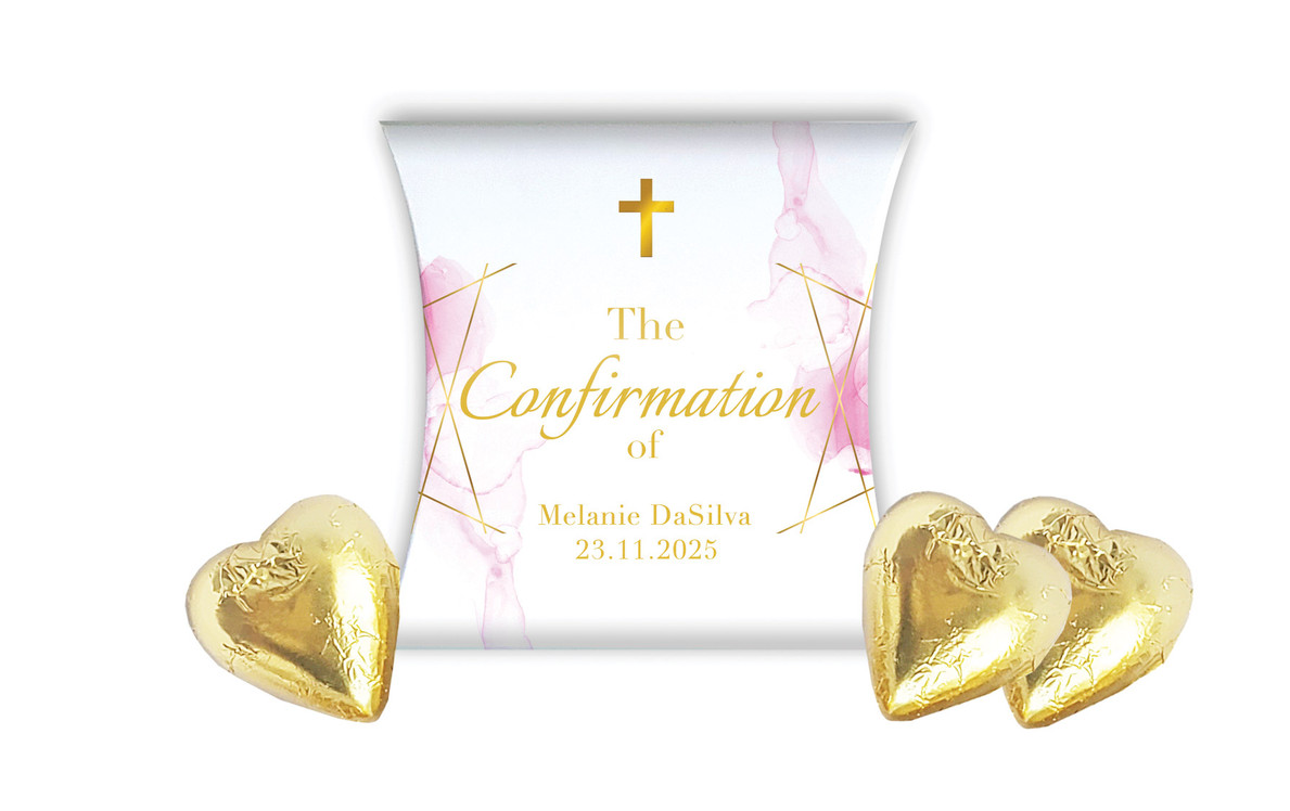 Pink Watercolour with Gold Confirmation Personalised Pillow Boxes