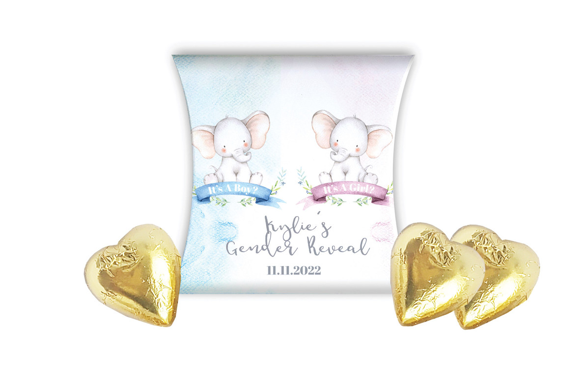 Sitting Elephants Gender Reveal Personalised Pillow Boxes