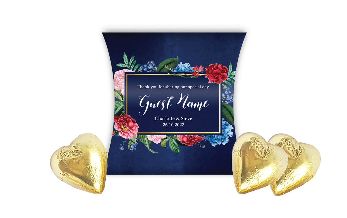 Floral Frame On Navy Wedding Personalised Pillow Boxes