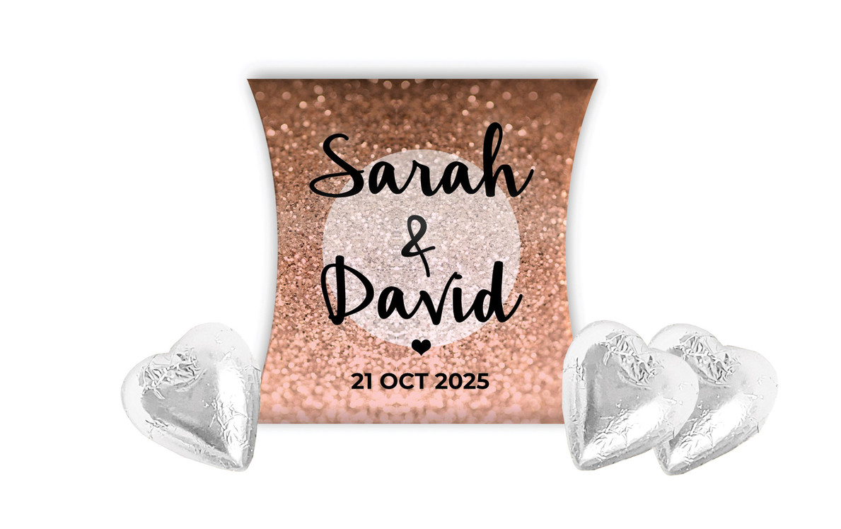 Glitter Rose Gold Wedding Personalised Pillow Boxes