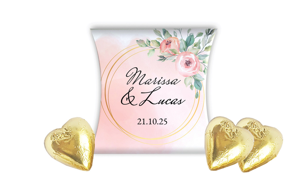 Gold Rings On Peach Wedding Personalised Pillow Boxes