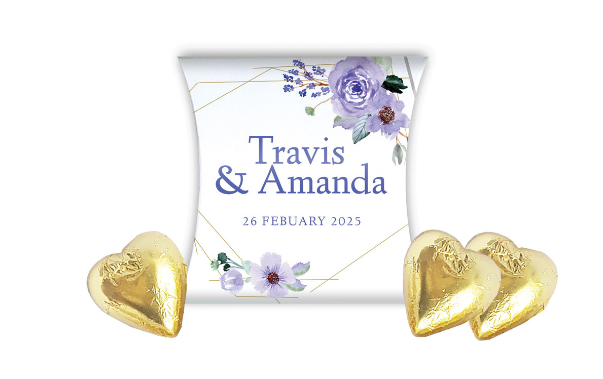 Violets On Gold Frame Wedding Personalised Pillow Boxes