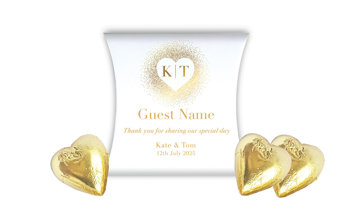 Heart Gold Confetti Wedding Personalised Pillow Boxes