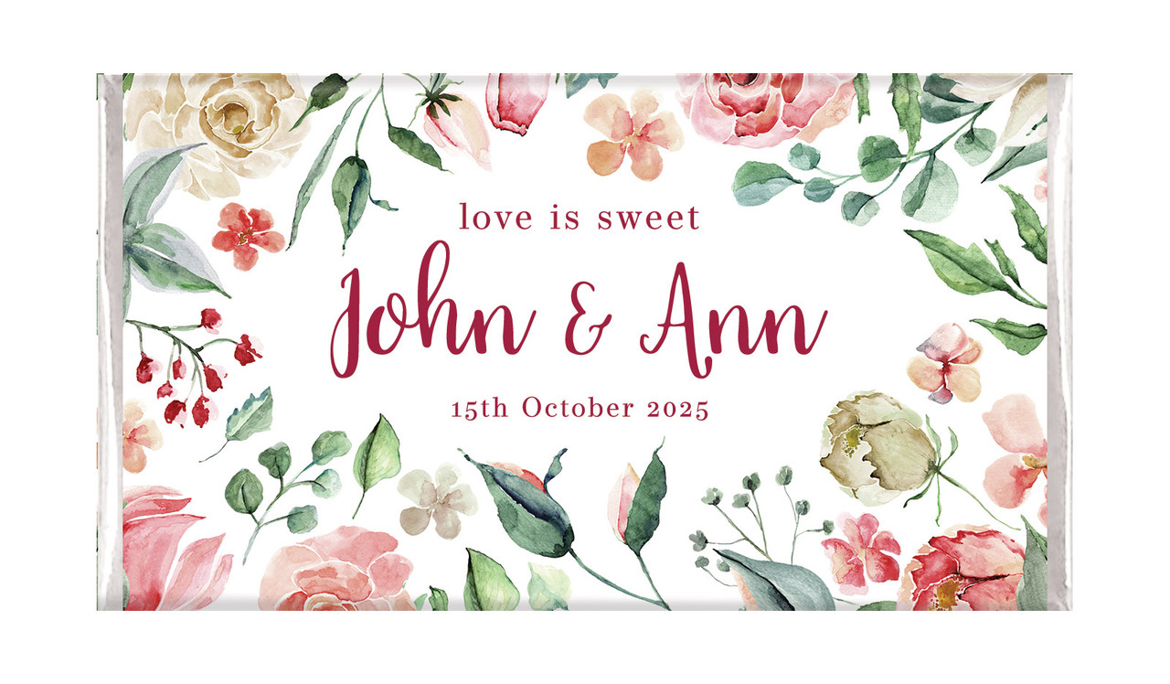 Rose Watercolour Wedding Personalised Chocolate Bar