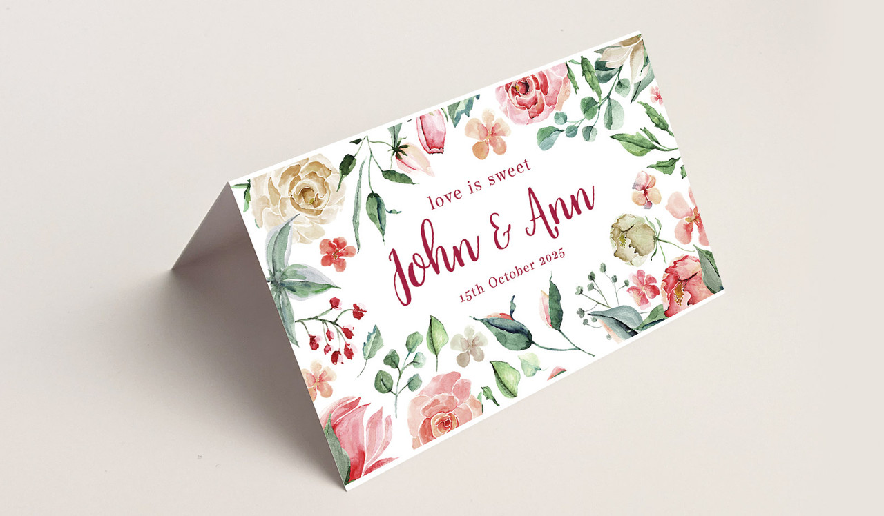 Rose Watercolour Wedding Place Cards With Guest Names Printed