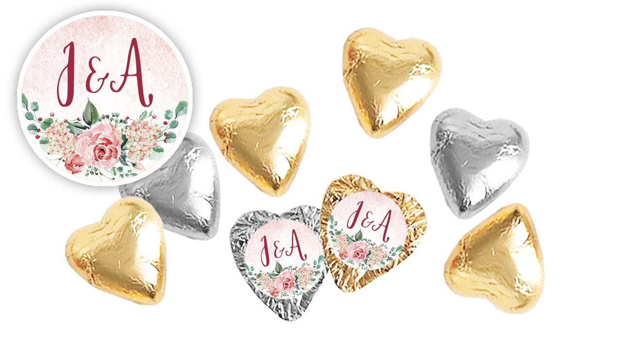 Rose Watercolour Wedding Custom Foil Chocolate Hearts