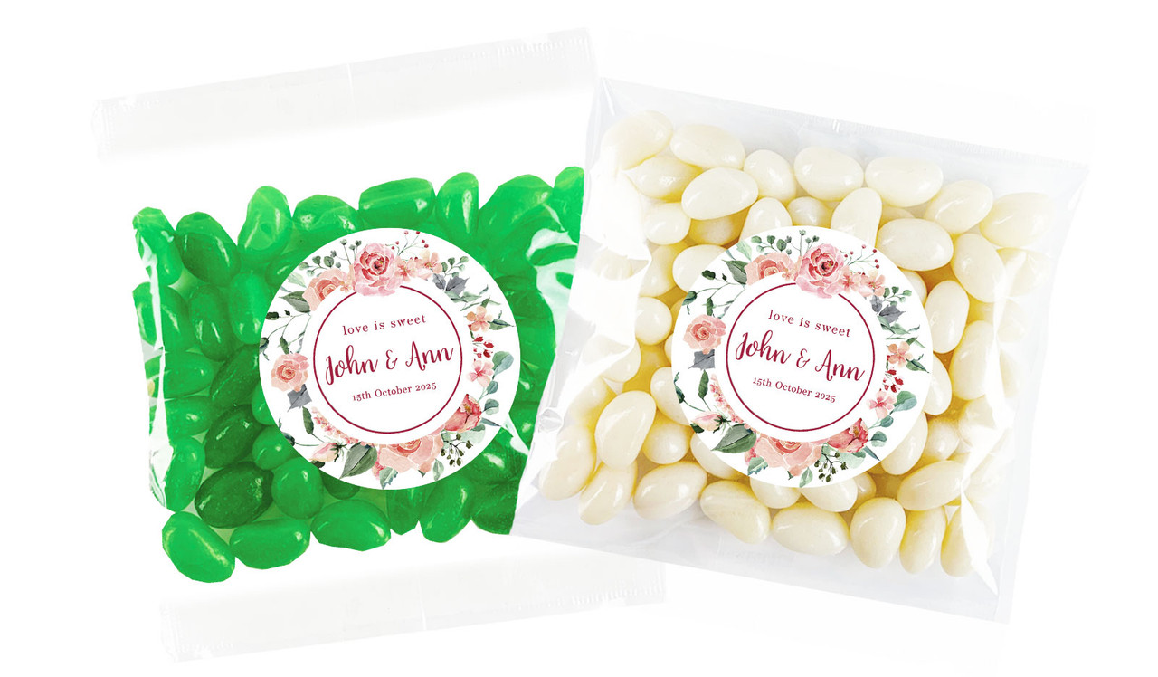 Rose Watercolour Personalised Jelly Bean Bag Favour