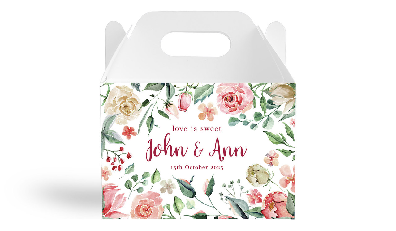 Rose Watercolour Wedding Personalised Gable Favour Box