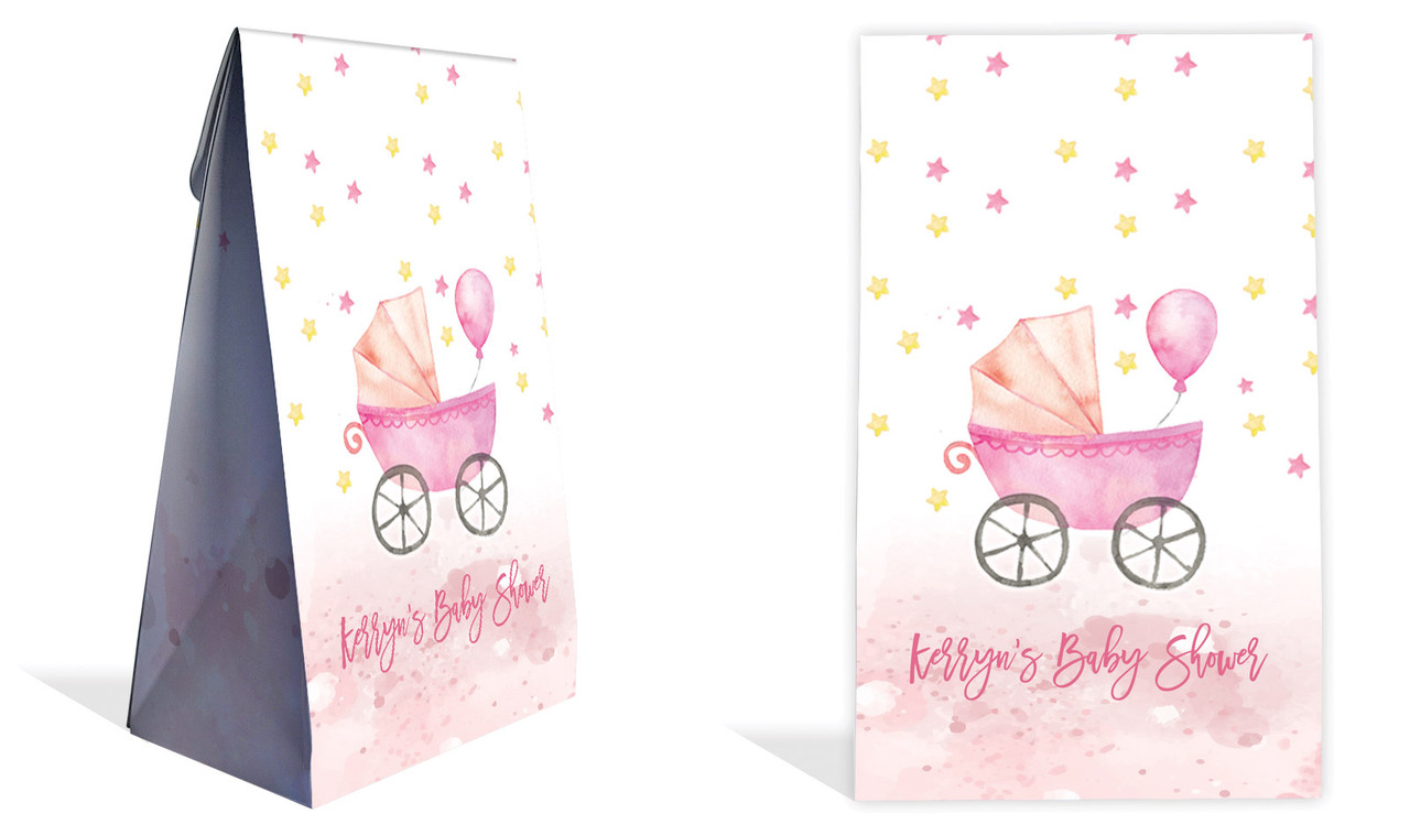 Pram Pink Baby Shower Personalised Gusset Favour Bag