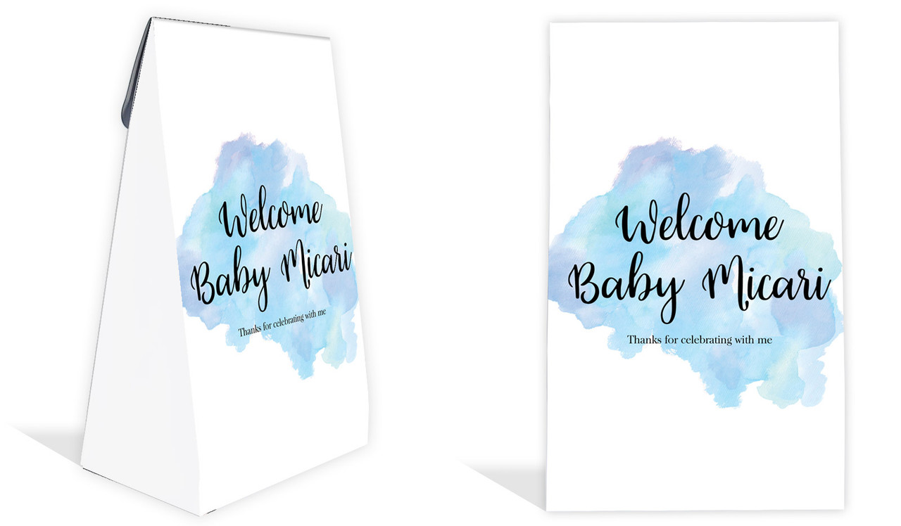 A Splash Of Watercolour Blue Birth Announcement Personalised Gusset Favour Bag