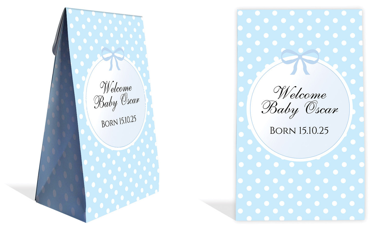 Polkadot Blue Birth Announcement Personalised Gusset Favour Bag
