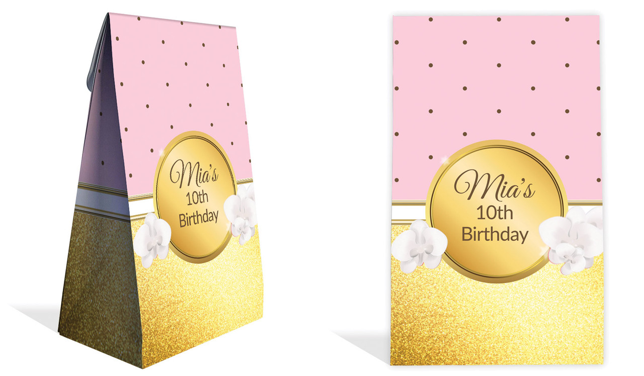 Pink & Gold Kids Party Personalised Gusset Favour Bag