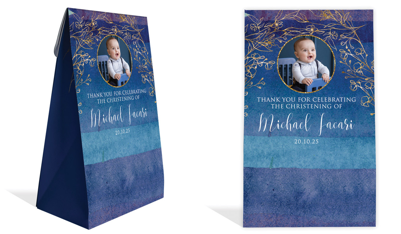 Navy Gold Photo Christening Personalised Gusset Favour Bag