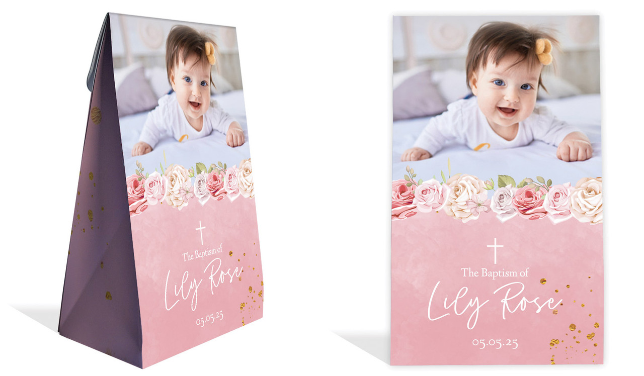 Pink Roses Christening Personalised Gusset Favour Bag