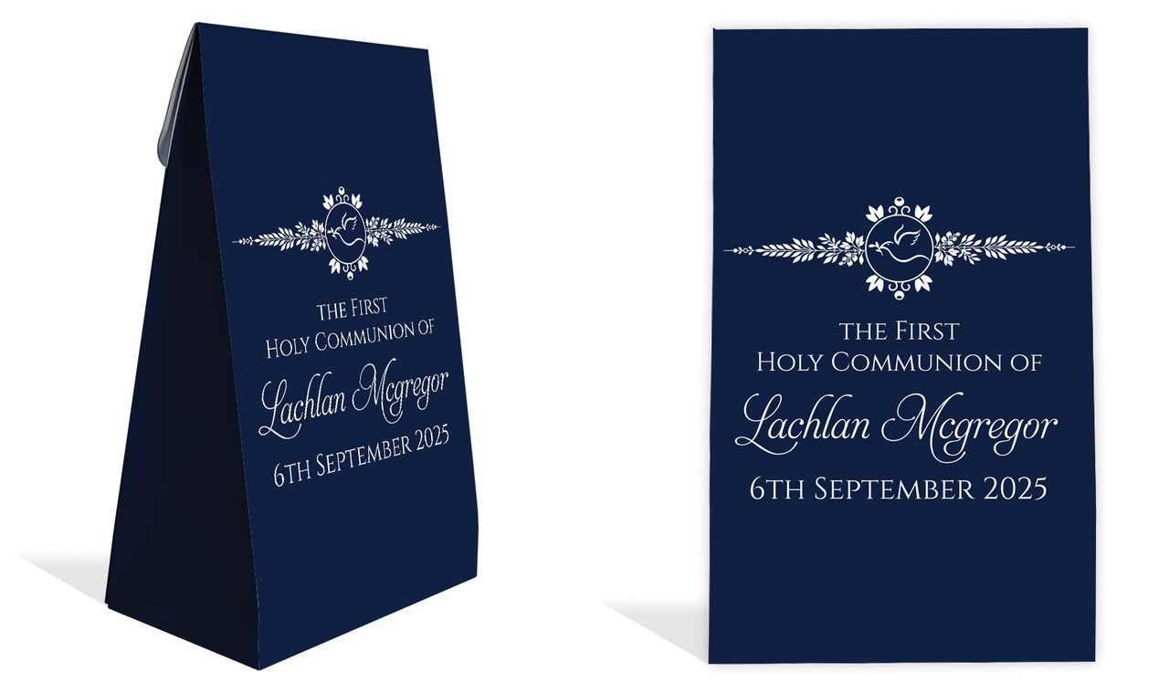 Dove Crest Blue Communion Personalised Gusset Favour Bag