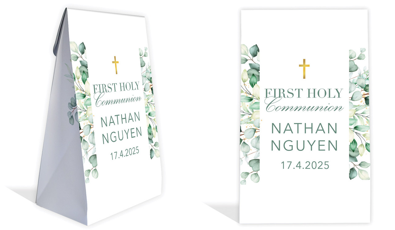 Eucalyptus Watercolour Communion Personalised Gusset Favour Bag