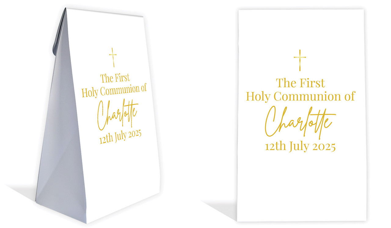 Modern White and Gold Communion Personalised Gusset Favour Bag