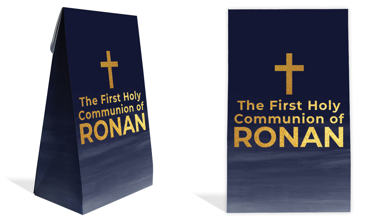 Navy Blue Watercolour Communion Personalised Gusset Favour Bag