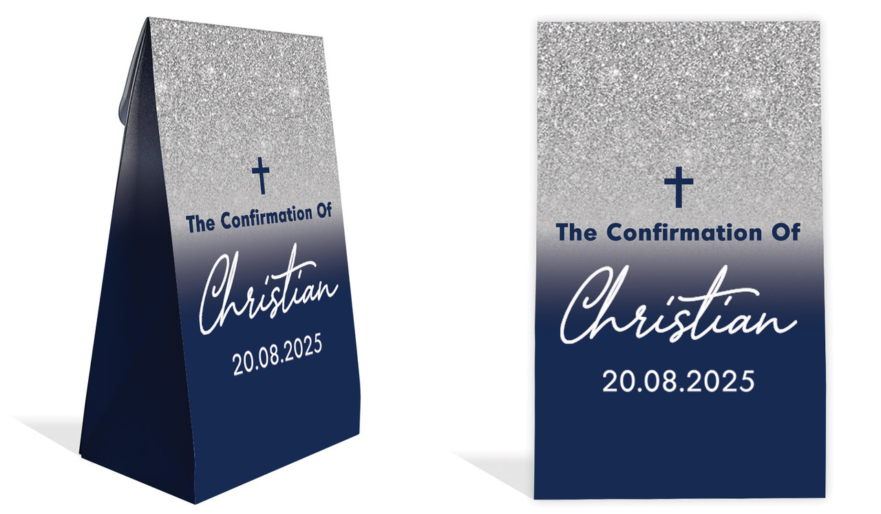 Blue and Silver glitter Confirmation Personalised Gusset Favour Bag