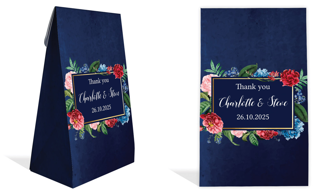 Floral Frame On Navy Wedding Personalised Gusset Favour Bag