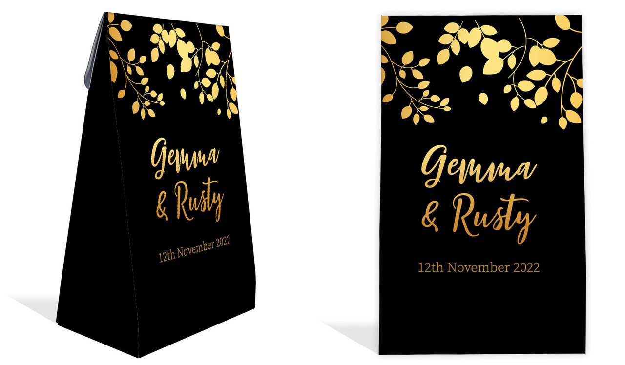 Gold Leaves Wedding Personalised Gusset Favour Bag