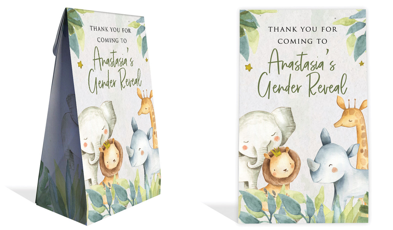Animals On Safari Gender Reveal Personalised Gusset Favour Bag