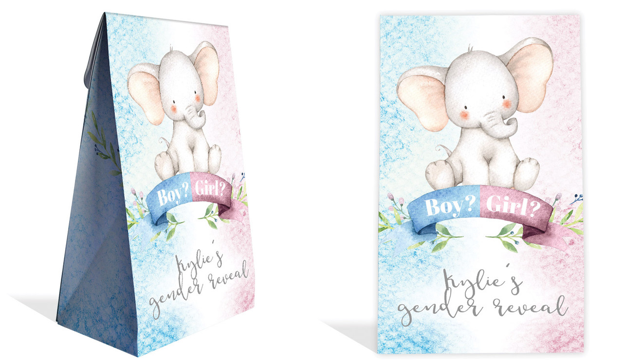 Sitting Elephants Gender Reveal Personalised Gusset Favour Bag