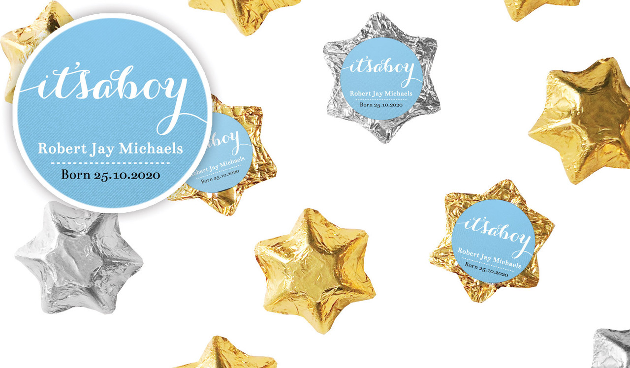 Flowing Words Boys Birth Announcement Personalised Foil Chocolate Stars
