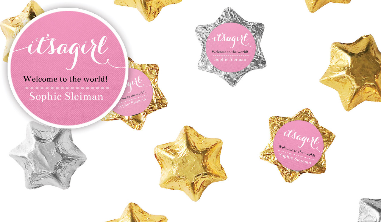 Flowing Words Girls Birth Announcement Personalised Foil Chocolate Stars