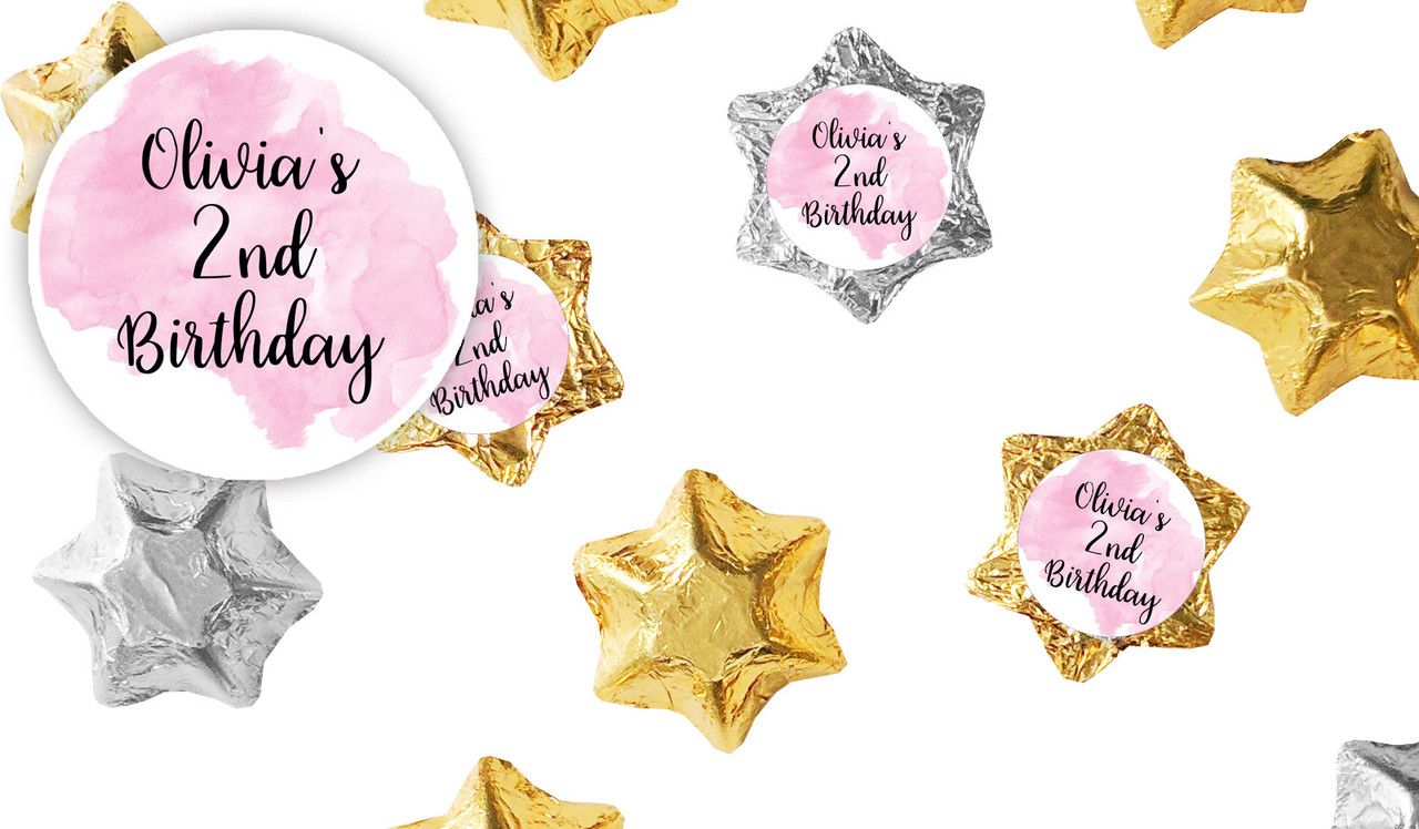 A Splash Of Watercolour Pink Kids Party Personalised Foil Chocolate Stars