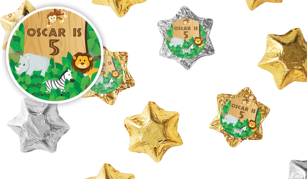 Jungle Animals Kids Party Personalised Foil Chocolate Stars