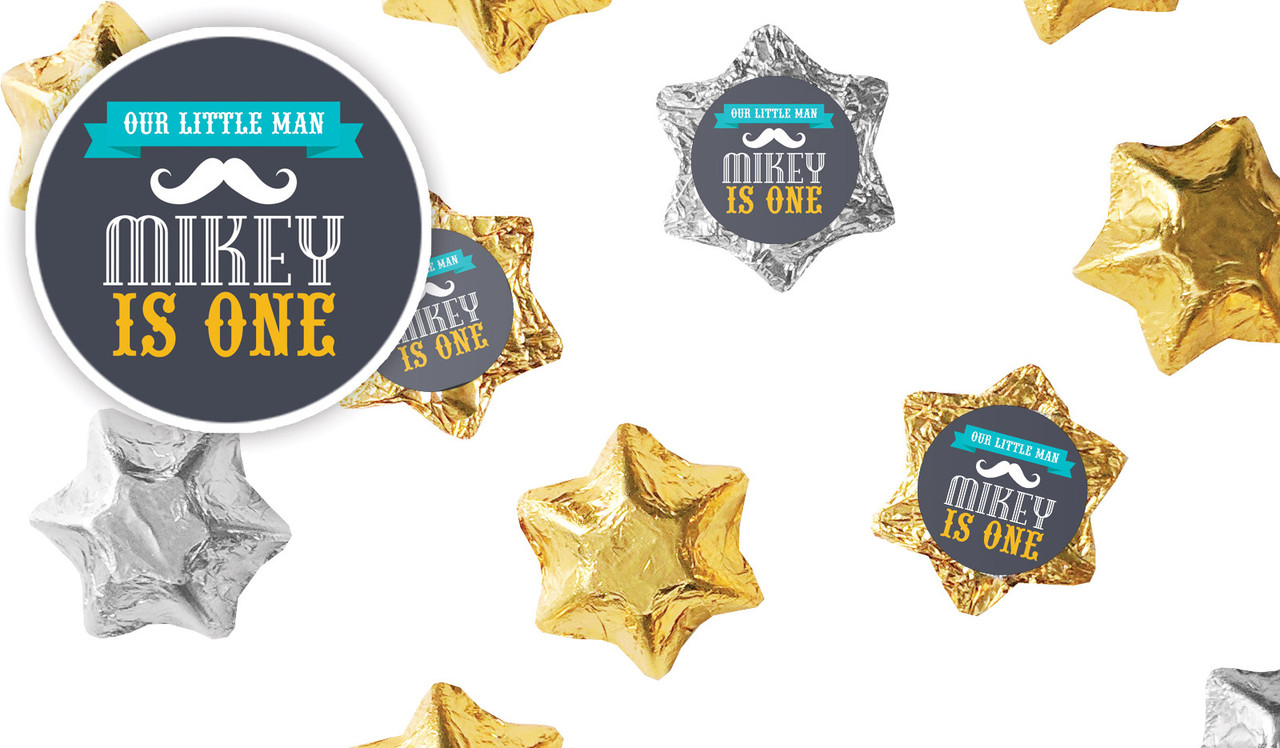Little Man Moustache Kids Party Personalised Foil Chocolate Stars