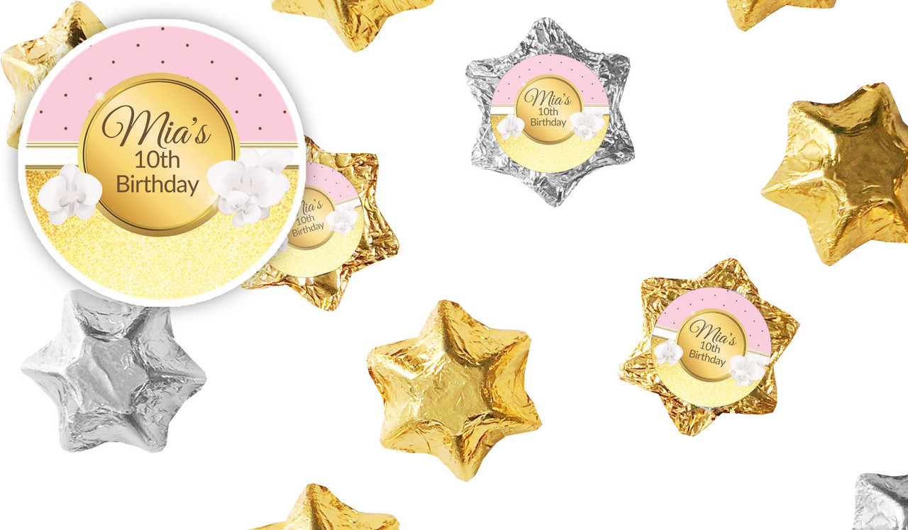 Pink & Gold Kids Party Personalised Foil Chocolate Stars