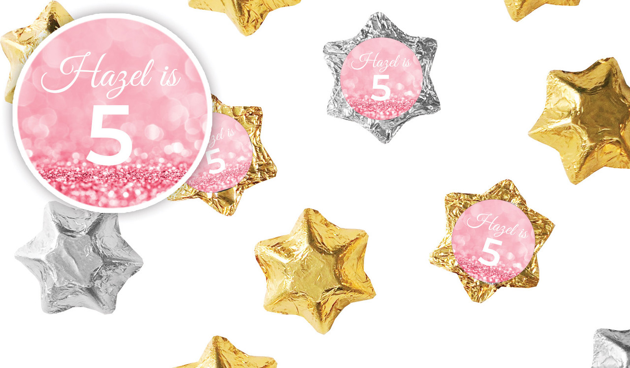 Pink Glitter Kids Party Personalised Foil Chocolate Stars