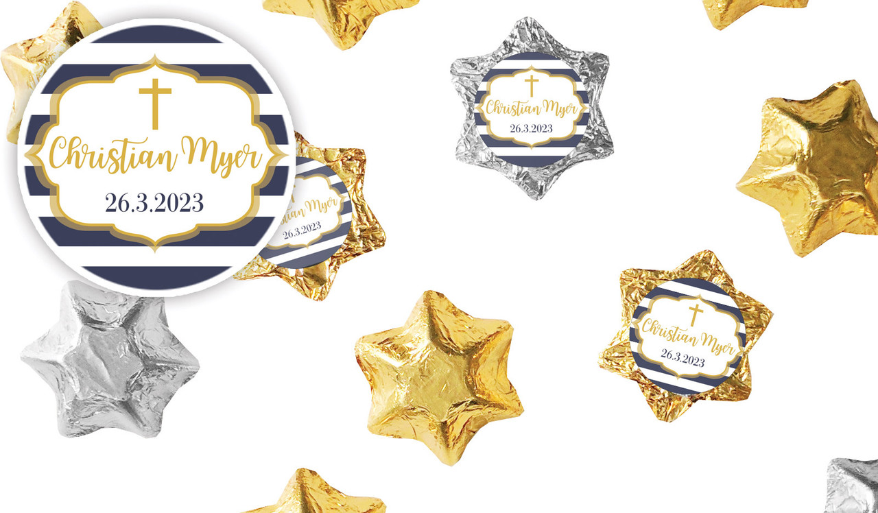 Bold Stripe And Gold Christening Personalised Foil Chocolate Stars