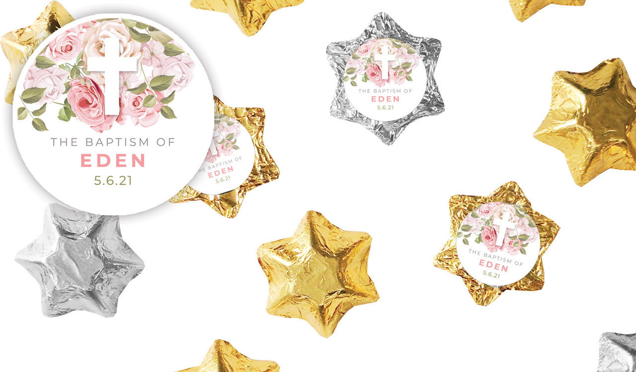 Roses Cross Christening Personalised Foil Chocolate Stars