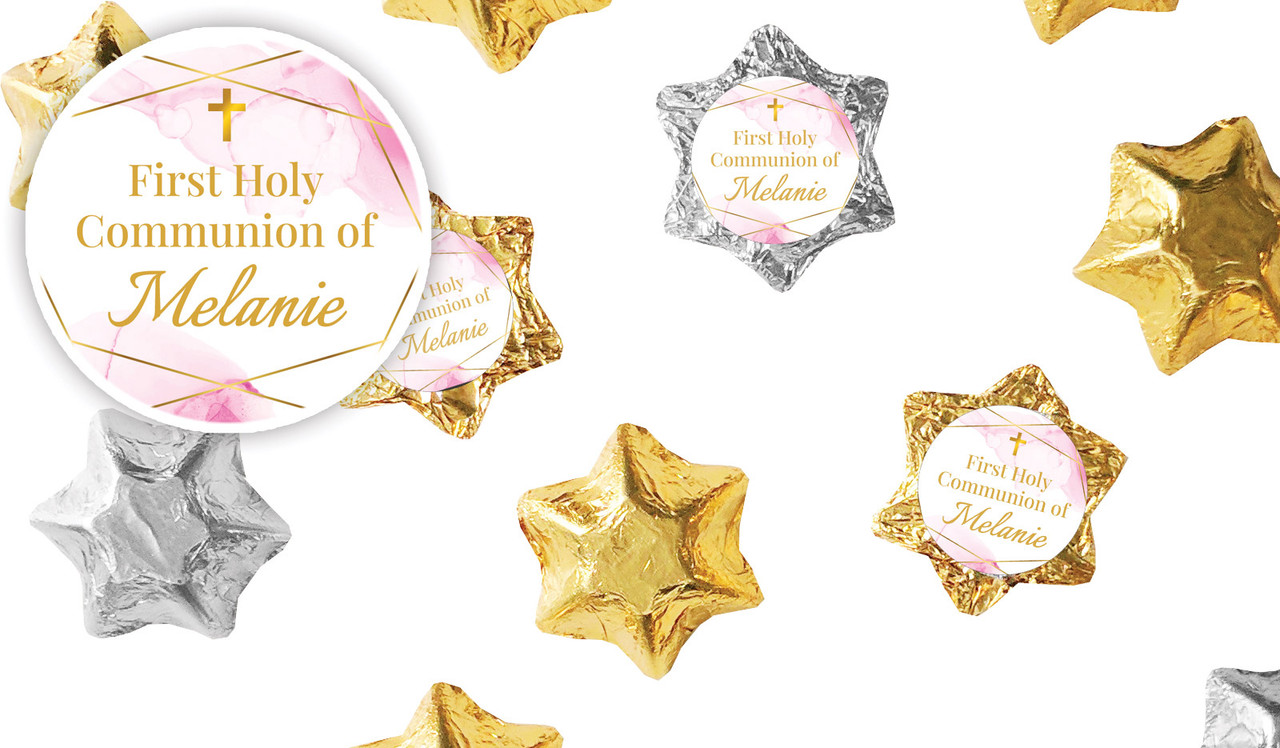Pink Watercolour with Gold Communion Personalised Foil Chocolate Stars