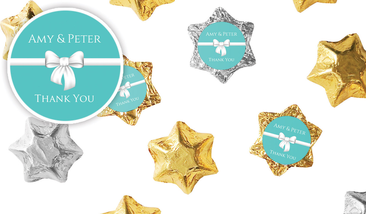 Turquoise Blue Bow Engagement Personalised Foil Chocolate Stars
