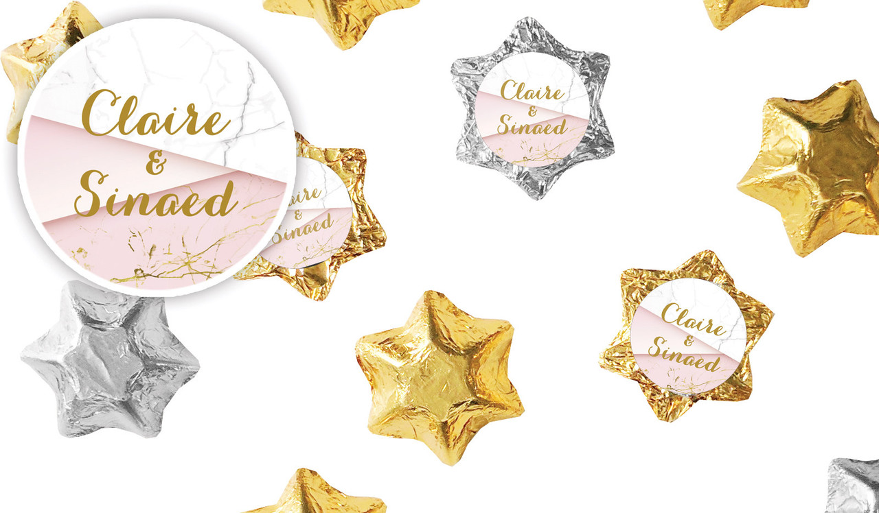 Pink And Marble Wedding Personalised Foil Chocolate Stars