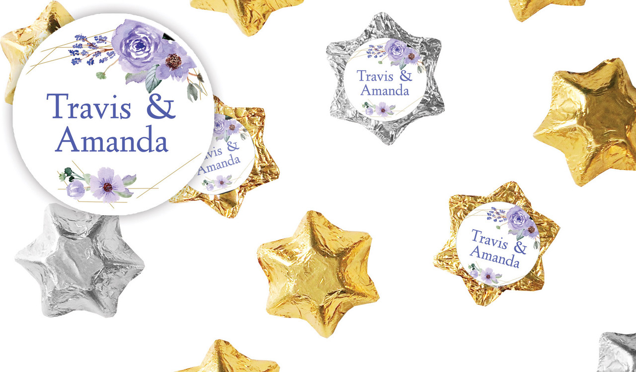 Violets On Gold Frame Wedding Personalised Foil Chocolate Stars