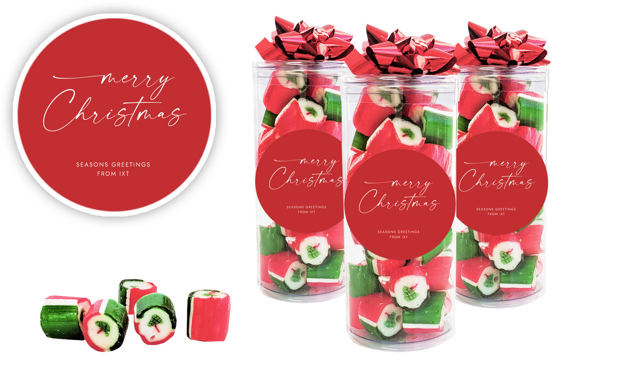 Red Cursive Christmas Personalised Custom Rock Candy Tube