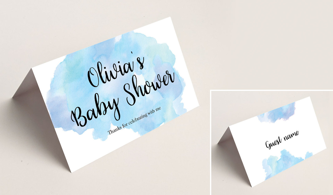 A Splash Of Watercolour Blue Baby Shower Place Cards With Guest Names