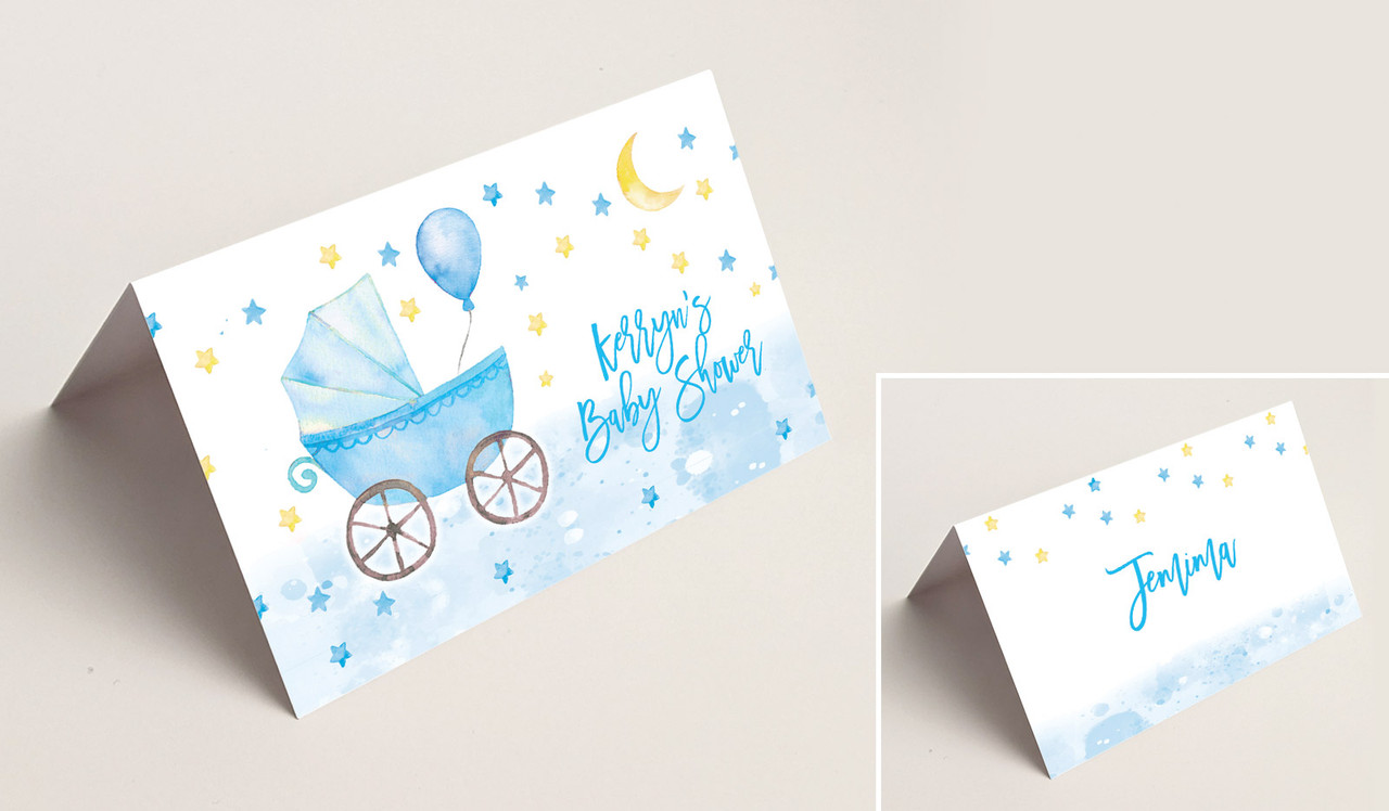 Pram Blue Baby Shower Place Cards With Guest Names