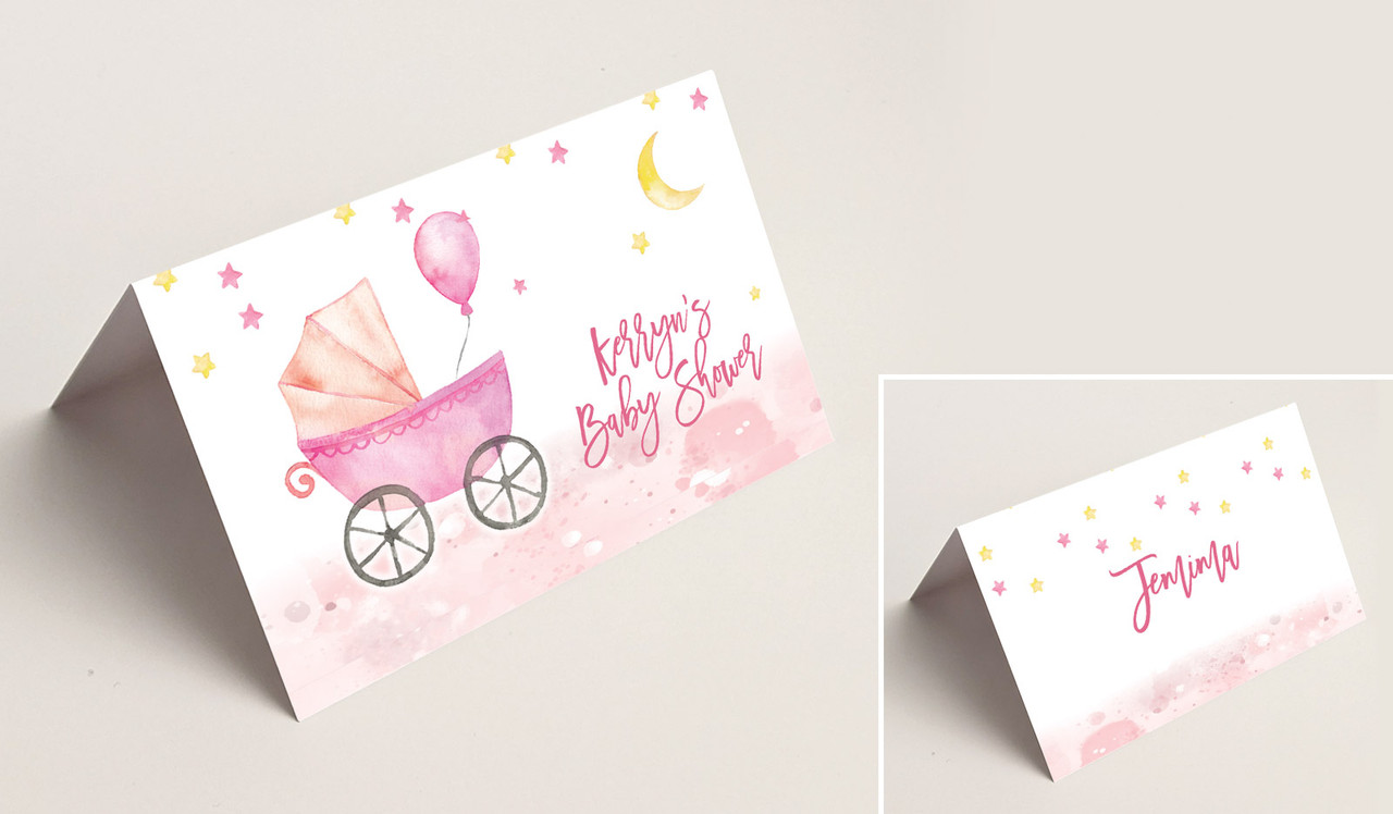 Pram Pink Baby Shower Place Cards With Guest Names
