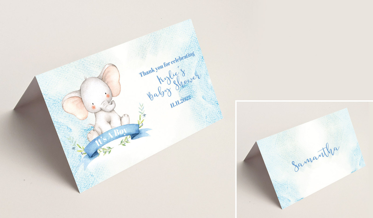 Sitting Elephant Blue Baby Shower Place Cards With Guest Names
