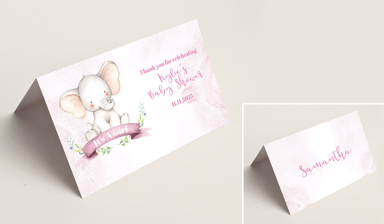 Sitting Elephant Pink Baby Shower Place Cards With Guest Names