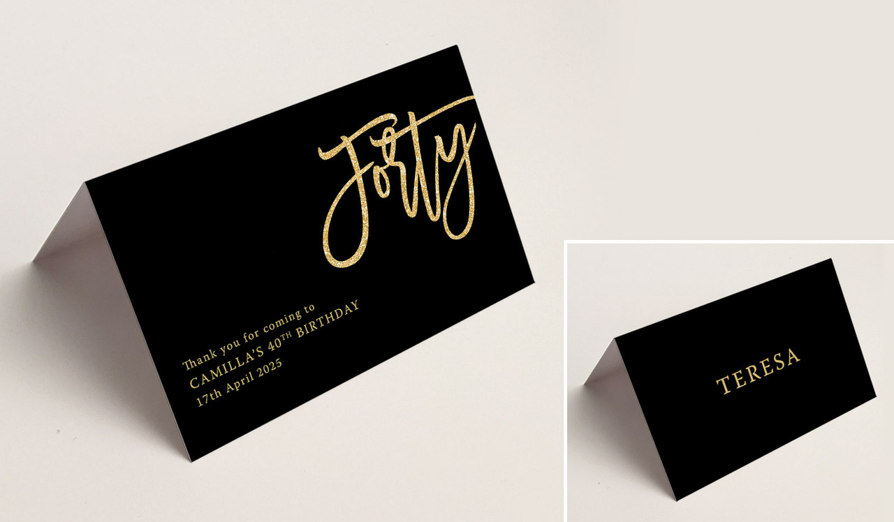 40th Black Place Cards With Guest Names