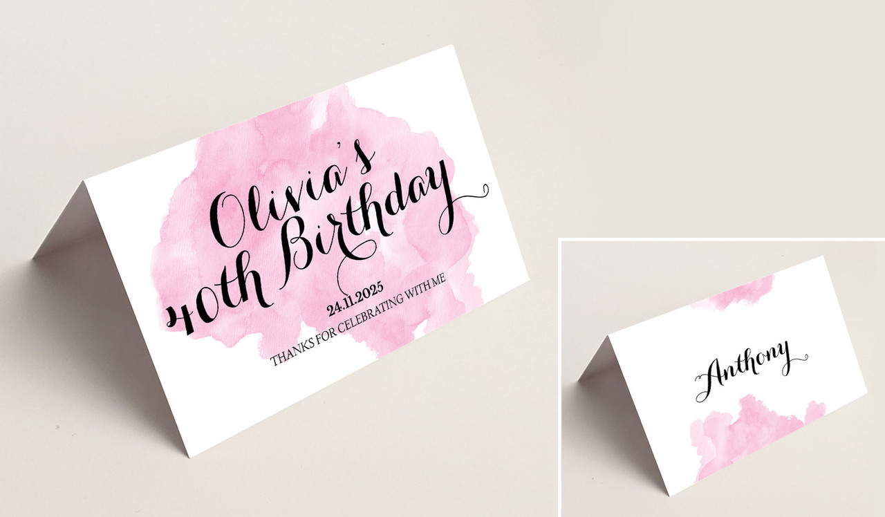 A Splash Of Water Colour Pink Place Cards With Guest Names