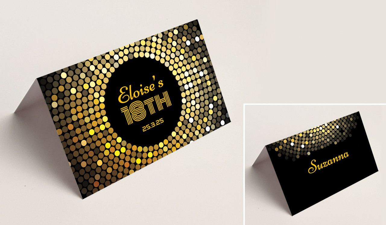 Disco Gold Place Cards With Guest Names