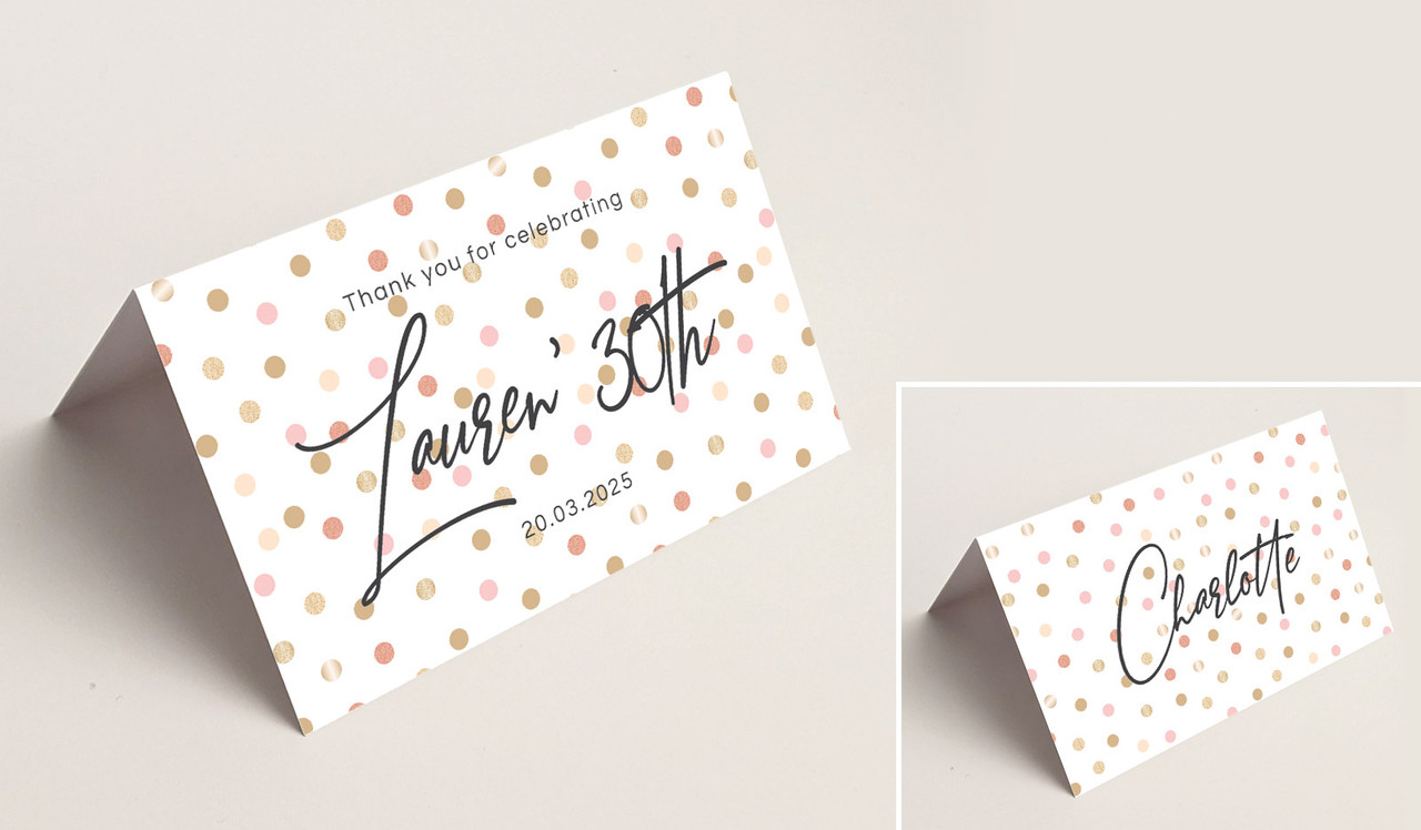 Metallic Confetti Place Cards With Guest Names